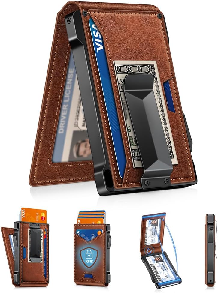 Slim Wallet for Men with Pop - Up Card Holder, RFID Blocking Metal Credit Card Holder with 2 ID Windows & Money Clip, Minimalist Front Pocket Wallet Holds 10–12 Cards - Abbycart