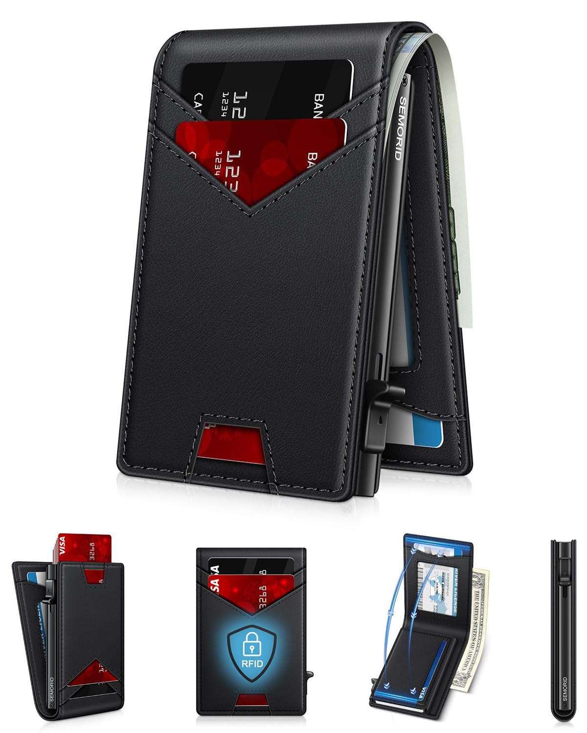 Slim Wallet for Men with Pop-Up Card Holder, RFID Blocking Metal Wallet with ID Window & Cash Slot, Minimalist Smart Bifold Holds 12–14 Cards