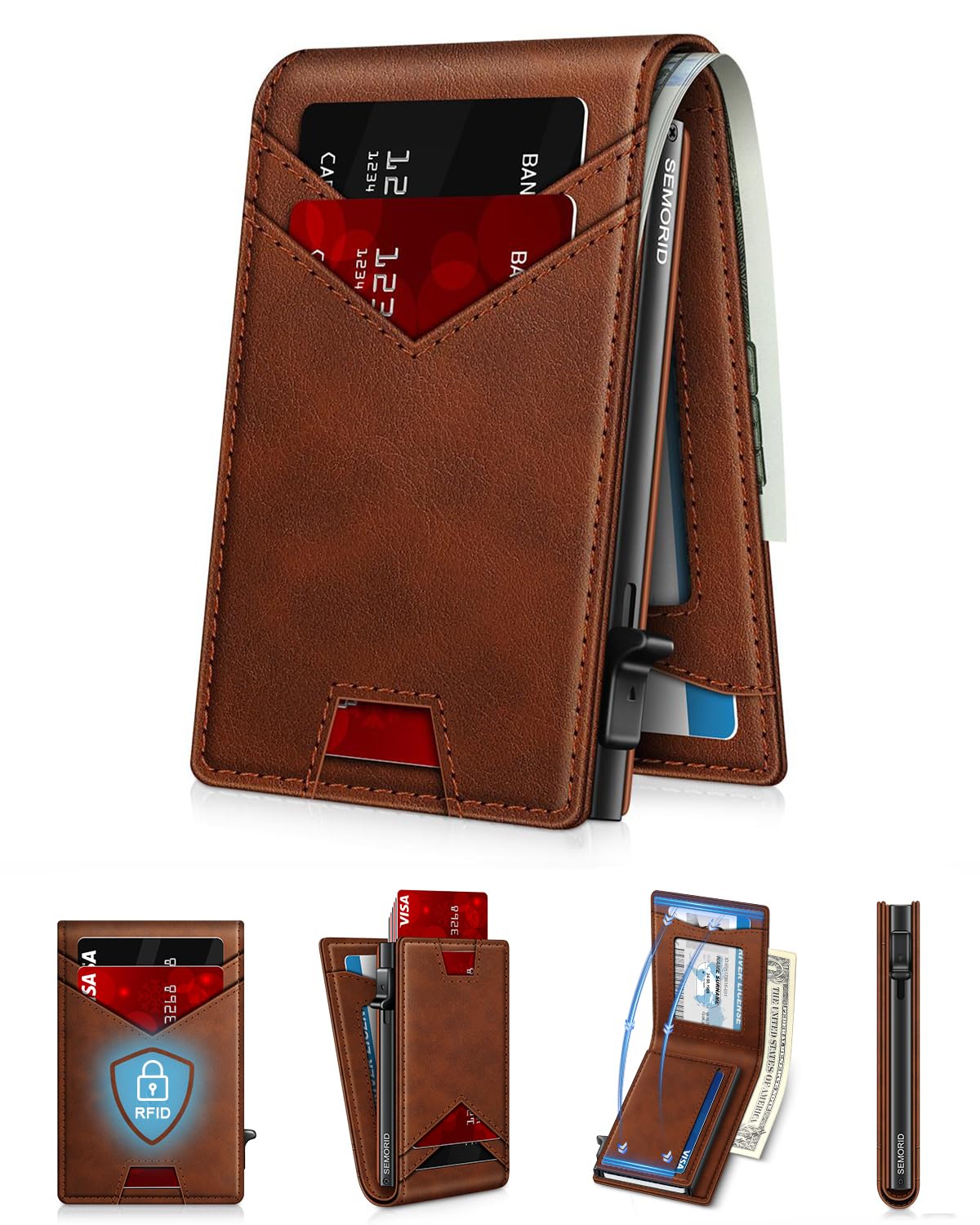 Slim Wallet for Men with Pop-Up Card Holder, RFID Blocking Metal Wallet with ID Window & Cash Slot, Minimalist Smart Bifold Holds 12–14 Cards