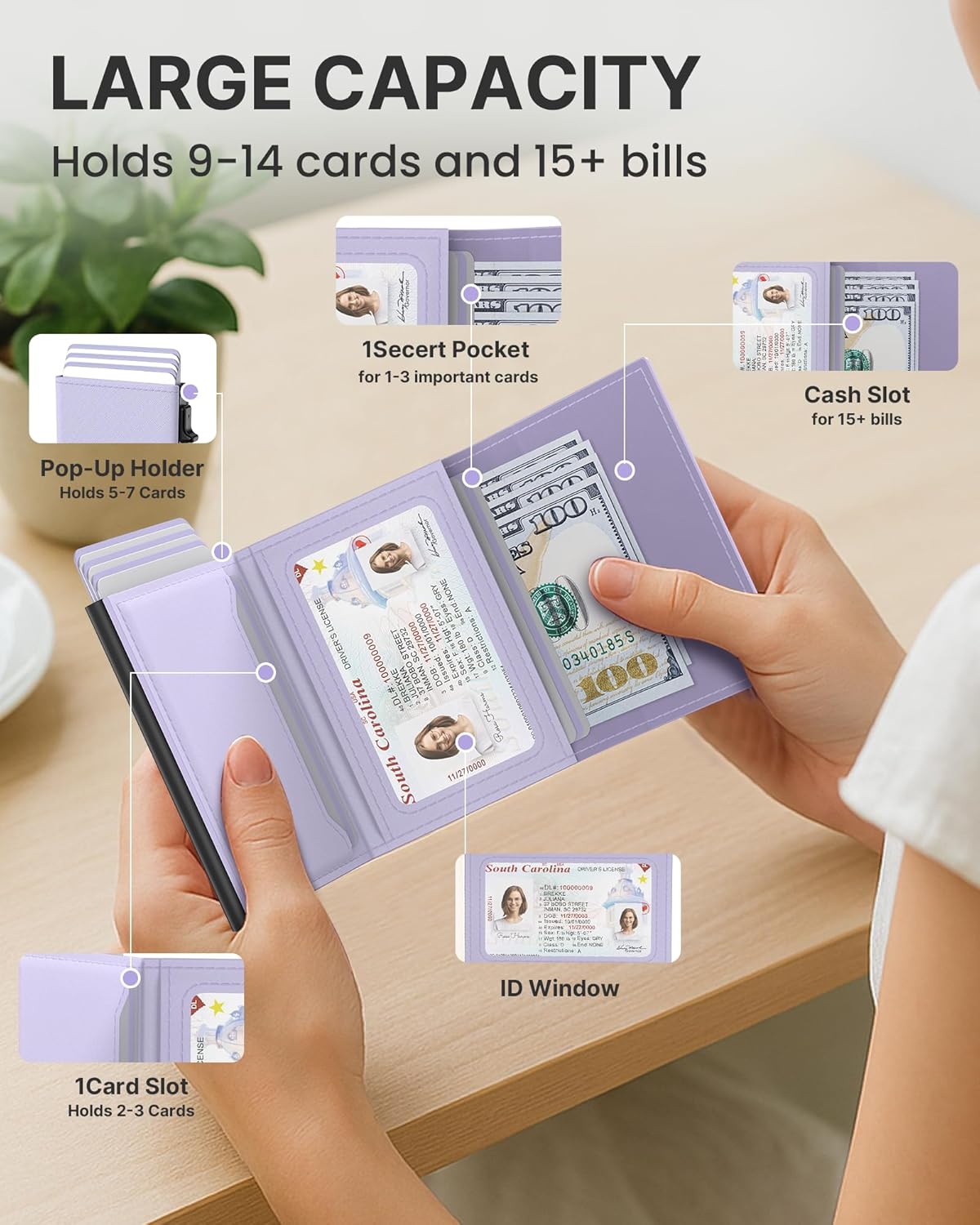 typecase Womens Wallet Card Holder: Pop Up Card Case, Genuine Leather, RFID Blocking, Slim, Minimalist, Thin, Small Size - 9-14 Card Capacity, ID Window, Cash Pocket (Lavender)
