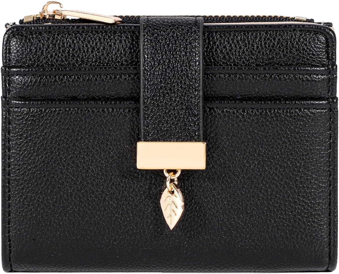 Pomelo Best Small Wallet Women Bifold Soft Leather Card Holder with ID Window Zipper Coin Pocket Wallets for Women Black