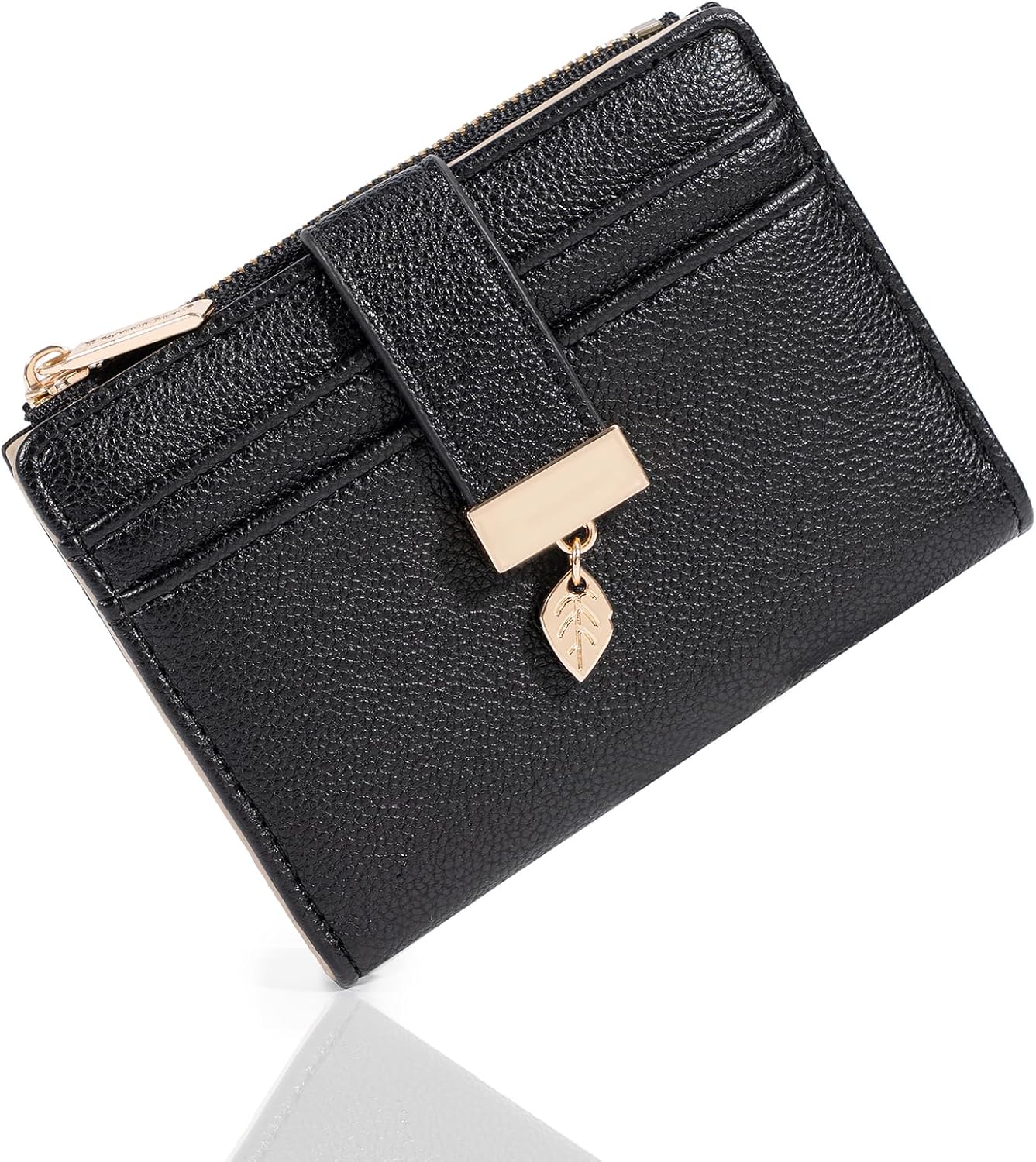 Pomelo Best Small Wallet Women Bifold Soft Leather Card Holder with ID Window Zipper Coin Pocket Wallets for Women Black