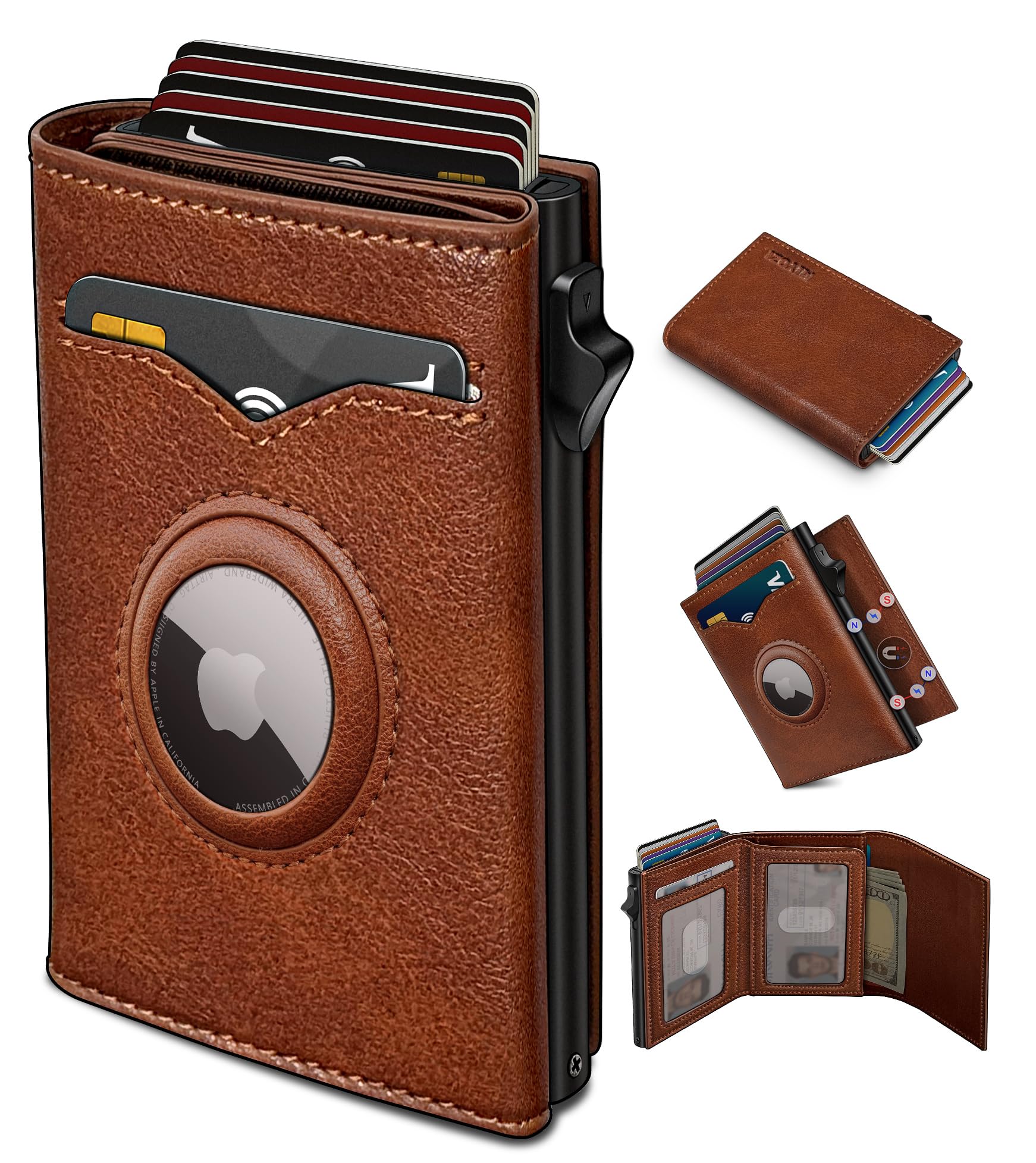 Smart AirTag Wallet for Men | RFID Blocking Slim Leather Trifold Wallet with Pop - Up Card Holder, Magnetic Closure & Gift Box - Abbycart
