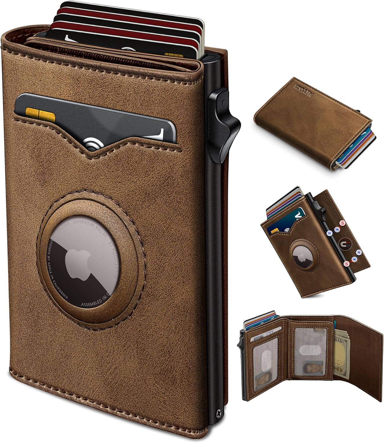 Smart AirTag Wallet for Men | RFID Blocking Slim Leather Trifold Wallet with Pop - Up Card Holder, Magnetic Closure & Gift Box - Abbycart