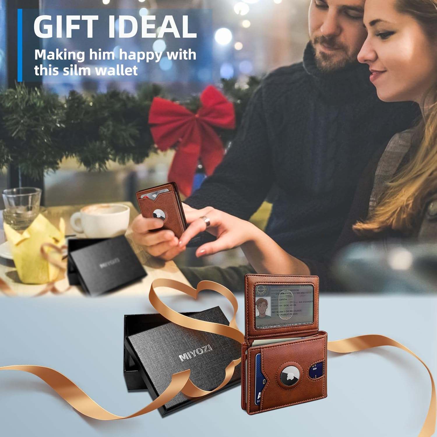 Airtag Wallet for Men,with Cash Pocket 2 ID Window 13 Cards,Slim Leather Wallet Front Pocket Card Holder RFID Blocking with Gift Box