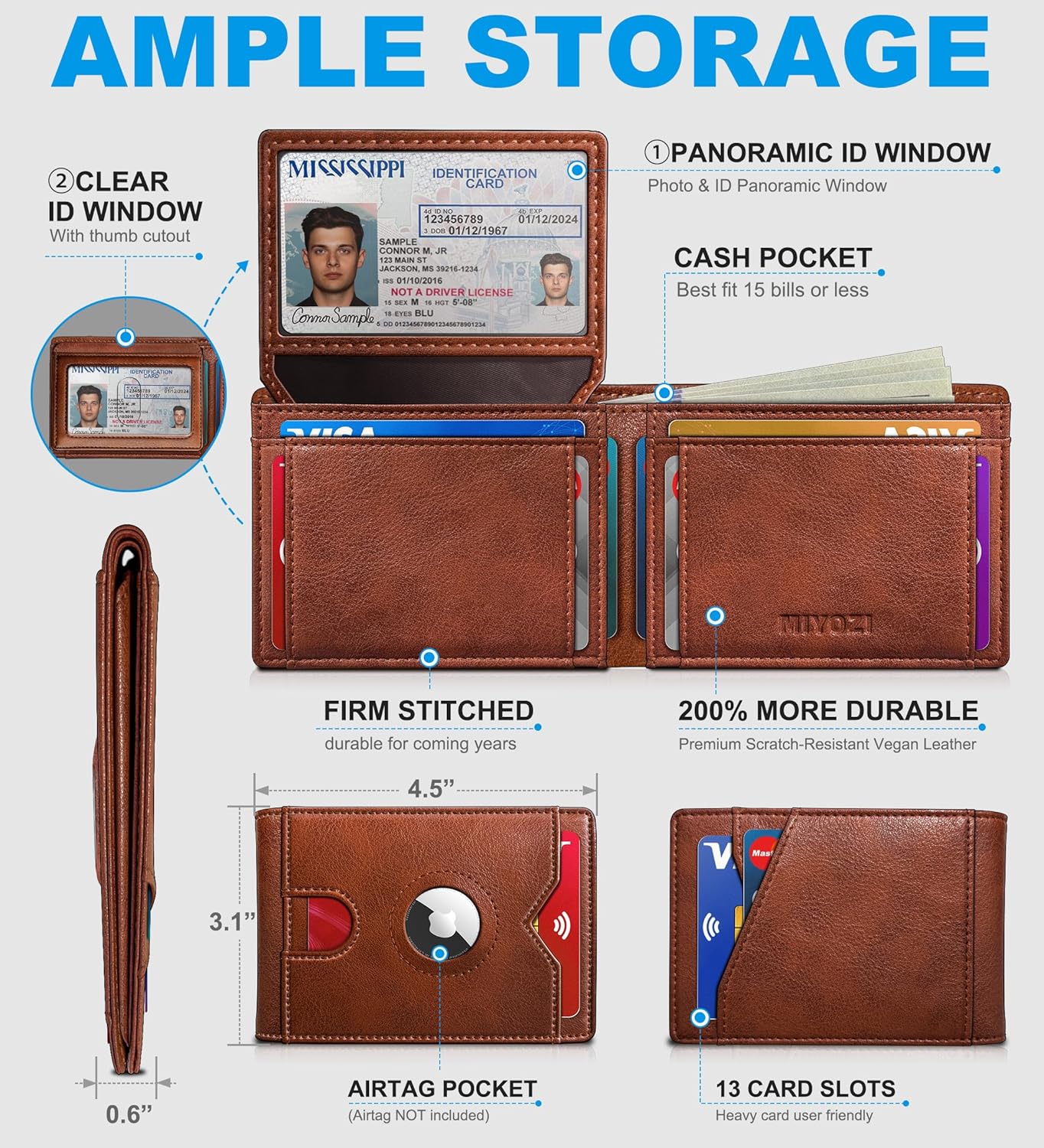 Airtag Wallet for Men,with Cash Pocket 2 ID Window 13 Cards,Slim Leather Wallet Front Pocket Card Holder RFID Blocking with Gift Box