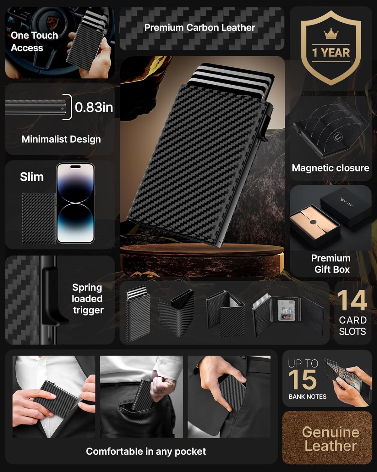 Smart Pop - Up Wallet for Men | RFID Slim Aluminum Holder, Holds 9–14 Cards with ID Window & Cash Slot, Minimalist Front Pocket Wallet - Abbycart