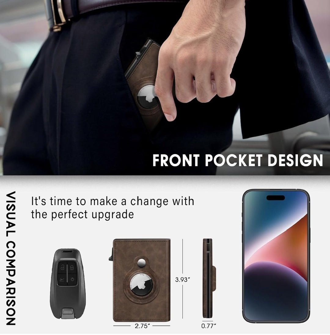 Brown full-grain leather AirTag wallet shown being placed into a front pants pocket next to a visual size comparison with an iPhone and car key fob, detailing dimensions of 3.93 inches by 2.75 inches.