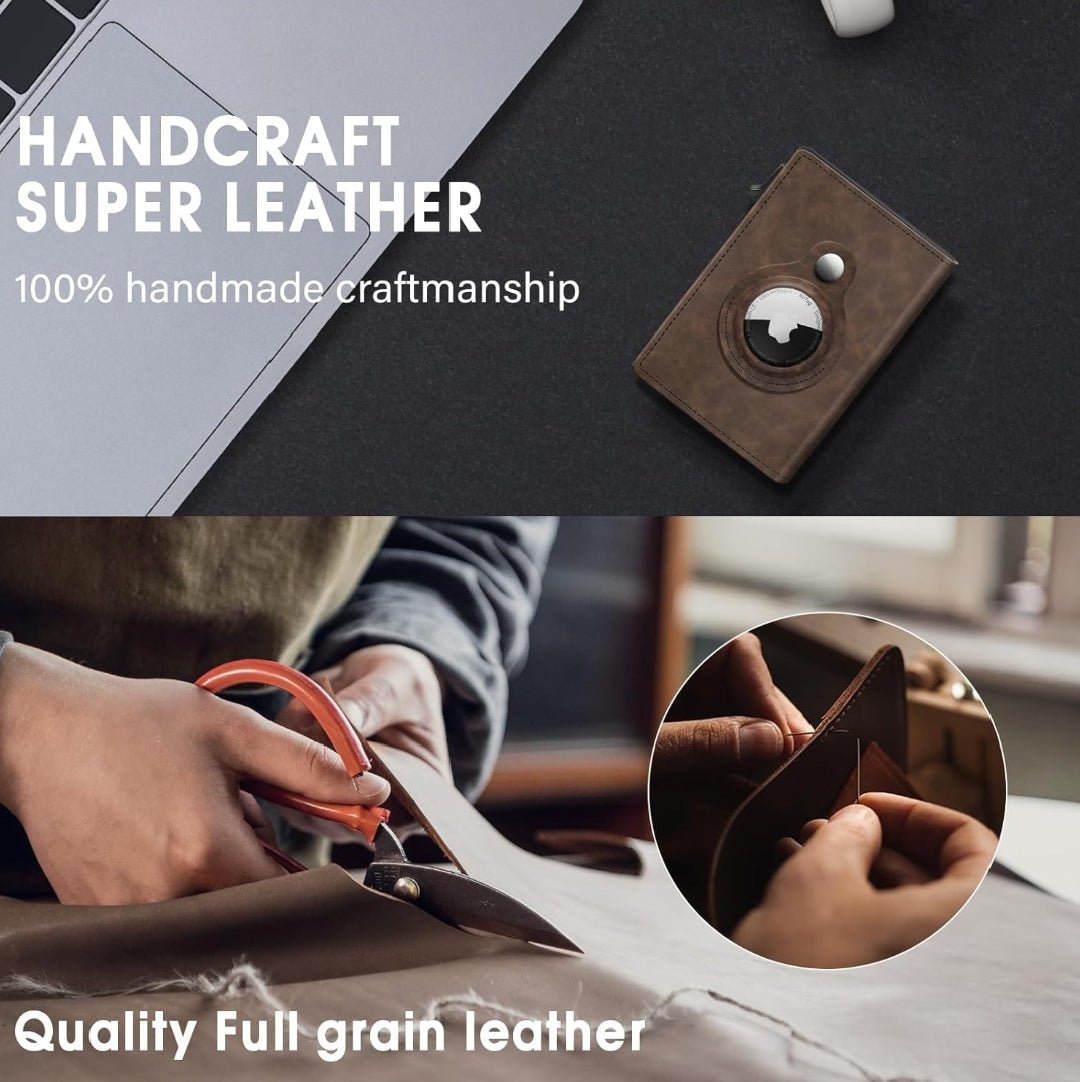 Close-up of the manual leather cutting and stitching process emphasizing the 100% handmade full-grain brown leather craftsmanship of the AirTag wallet