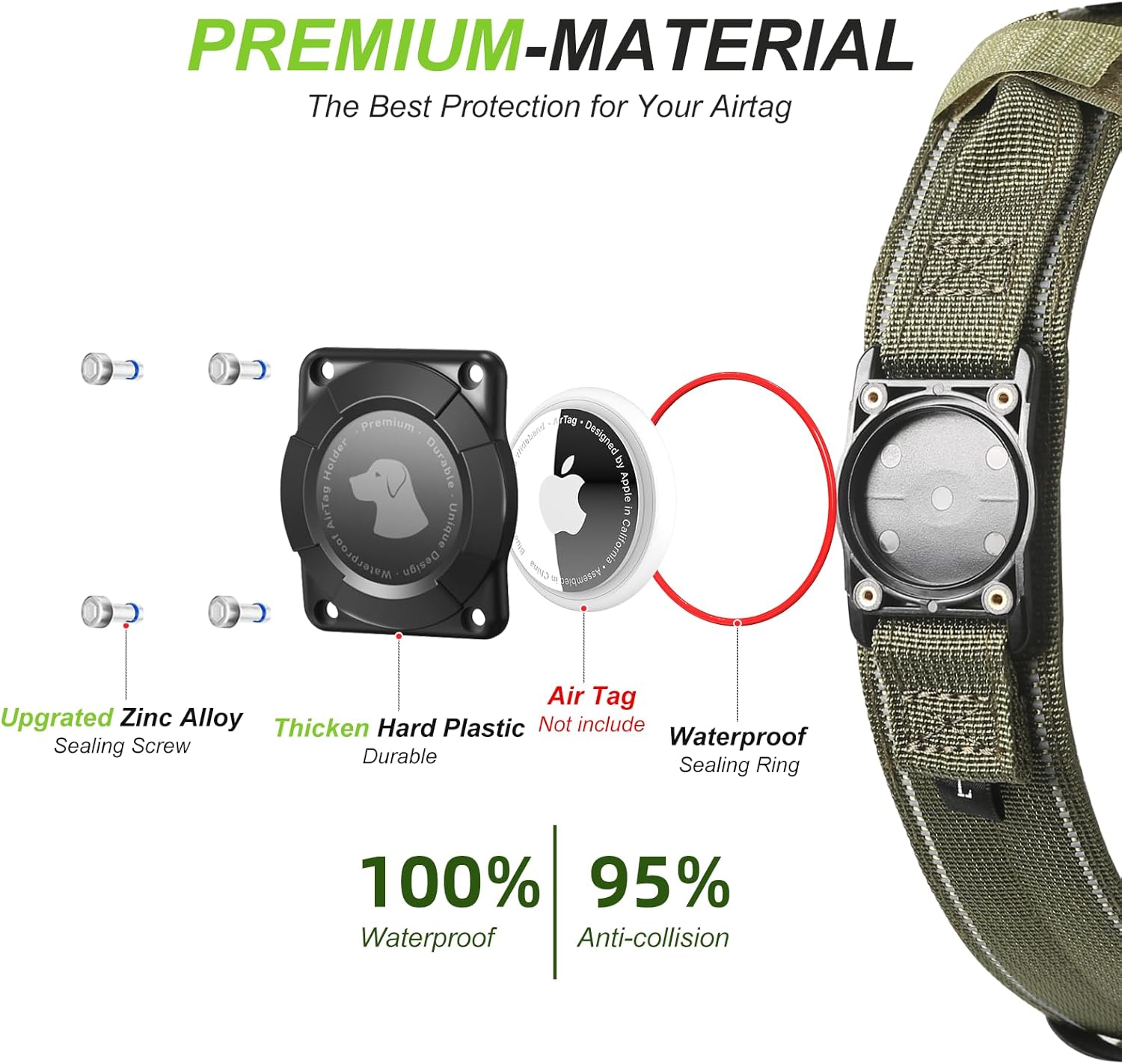 Tactical Air Tag Dog Collar Waterproof Adjustable with Handle