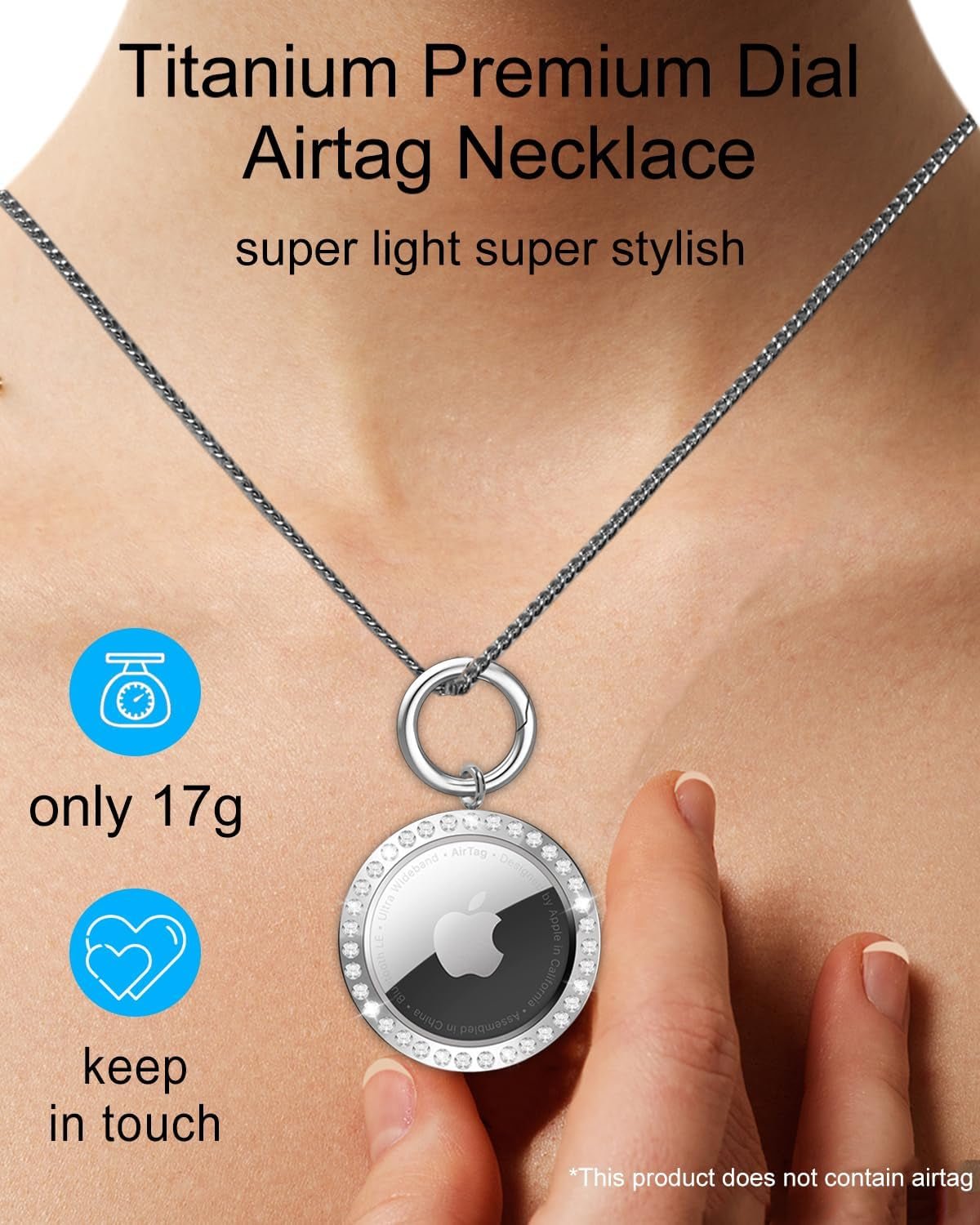 Titanium Alloy AirTag Necklace with Rhinestone Design – Adjustable 29.5 - inch Chain for Apple AirTa - Abbycart