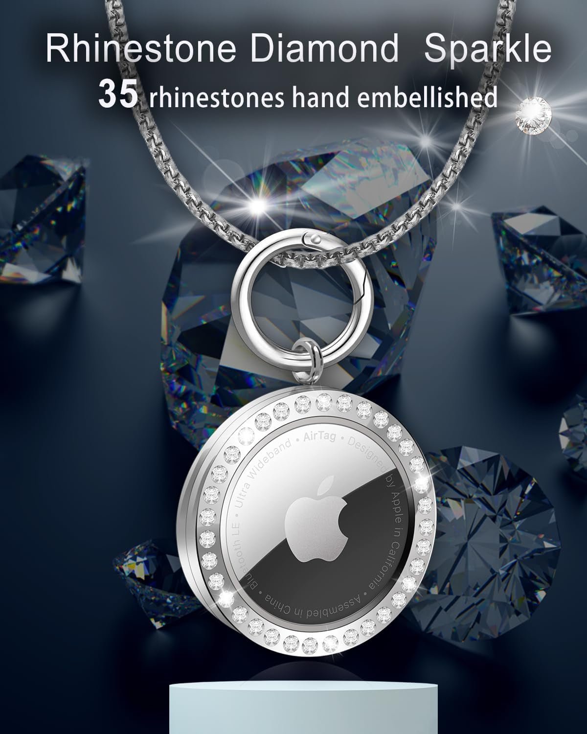Titanium Alloy AirTag Necklace with Rhinestone Design – Adjustable 29.5 - inch Chain for Apple AirTa - Abbycart