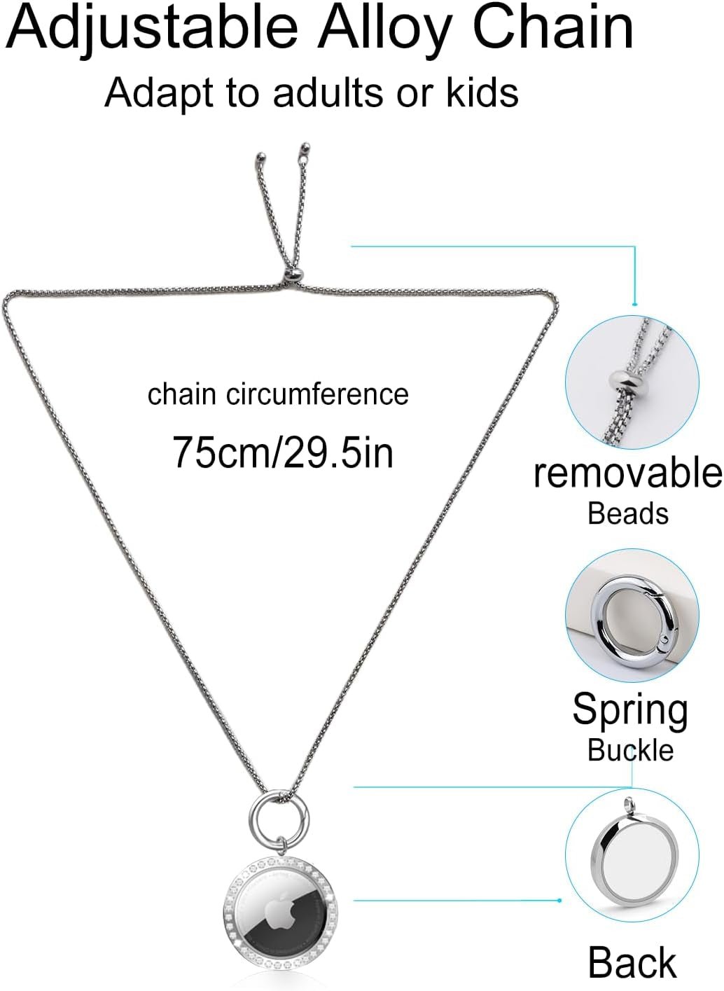 Titanium Alloy AirTag Necklace with Rhinestone Design – Adjustable 29.5 - inch Chain for Apple AirTa - Abbycart