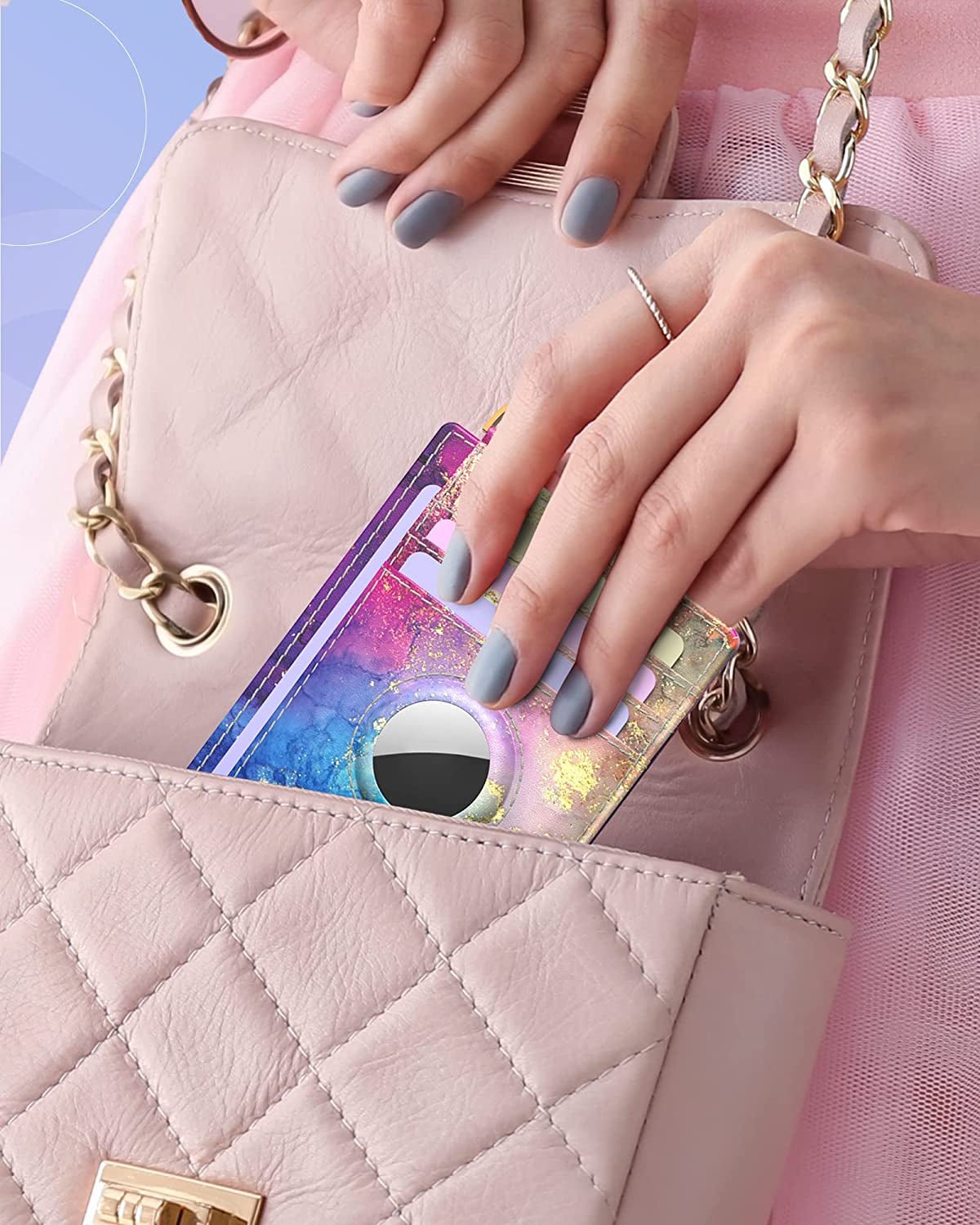 Wallet for Women with Wristlet Keychain: Secure Holder for Airtag, Premium Leather, Custom Pattern, RFID Blocking, Slim, Minimalist, Small - 8-11 Card Capacitiy | ID Window | Cash Pocket (Rainbow) - Abbycart