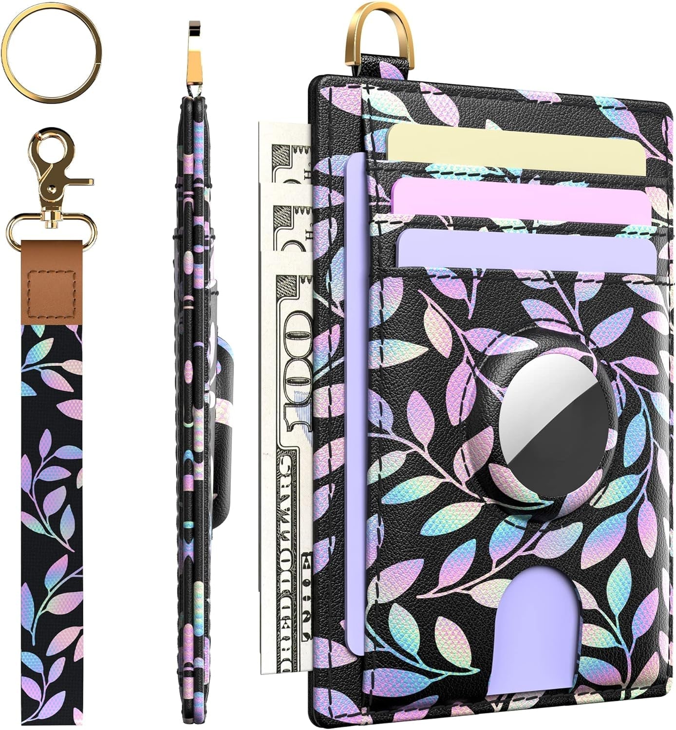Wallet for Women with Wristlet Keychain: Secure Holder for Airtag, Premium Leather, Custom Pattern, RFID Blocking, Slim, Minimalist, Small - 8-11 Card Capacitiy | ID Window | Cash Pocket (Rainbow) - Abbycart
