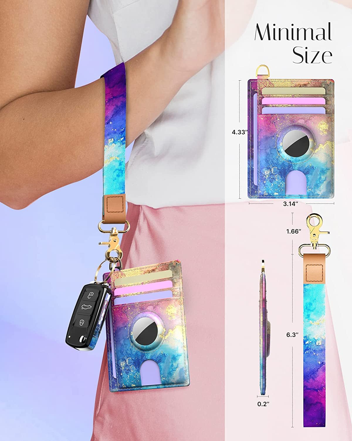 Wallet for Women with Wristlet Keychain: Secure Holder for Airtag, Premium Leather, Custom Pattern, RFID Blocking, Slim, Minimalist, Small - 8-11 Card Capacitiy | ID Window | Cash Pocket (Rainbow) - Abbycart