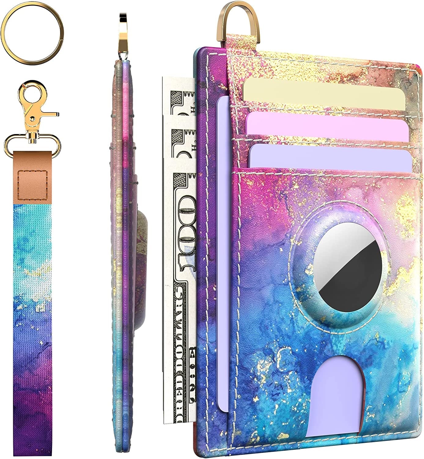 RFID Women's Leather Wallet with AirTag Holder & Wristlet Keychain - Slim Design