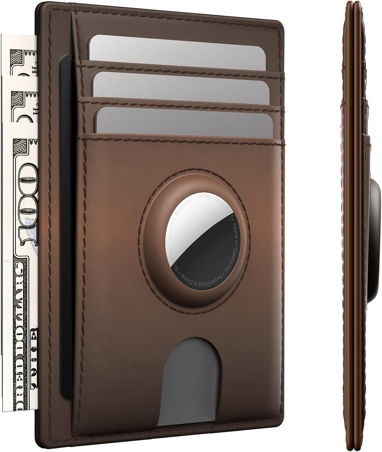 RFID Women's Leather Wallet with AirTag Holder & Wristlet Keychain - Slim Design