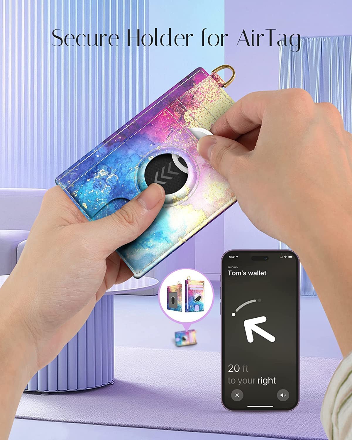 Wallet for Women with Wristlet Keychain: Secure Holder for Airtag, Premium Leather, Custom Pattern, RFID Blocking, Slim, Minimalist, Small - 8-11 Card Capacitiy | ID Window | Cash Pocket (Rainbow) - Abbycart