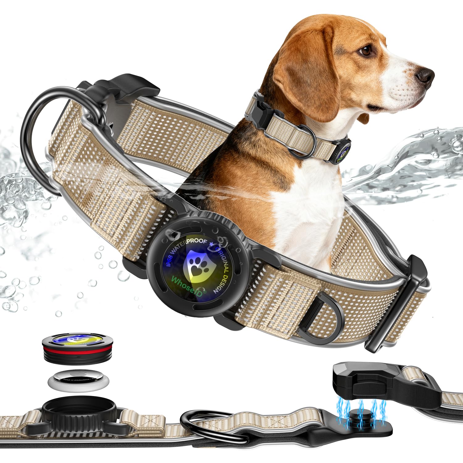 Waterproof AirTag Dog Collar for Large Dogs, Magnetic Buckle, Reflective