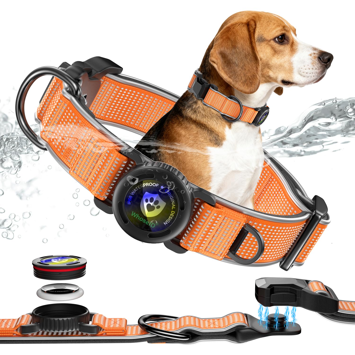 Waterproof AirTag Dog Collar for Large Dogs, Magnetic Buckle, Reflective