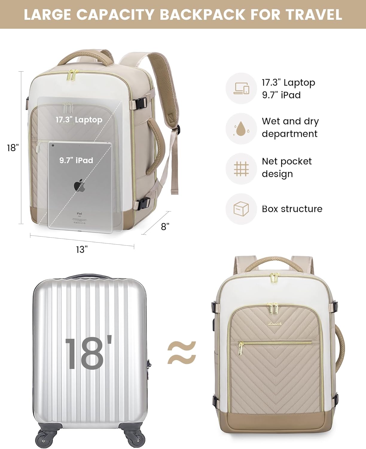 LOVEVOOK Large Travel Backpack for Women, TSA Carry on Backpack for Airplanes, 40L Personal Item Travel Bag for Women fits 17" Laptop,Waterproof Carry on Bag Airplane Approved with 3 Packing Cubes