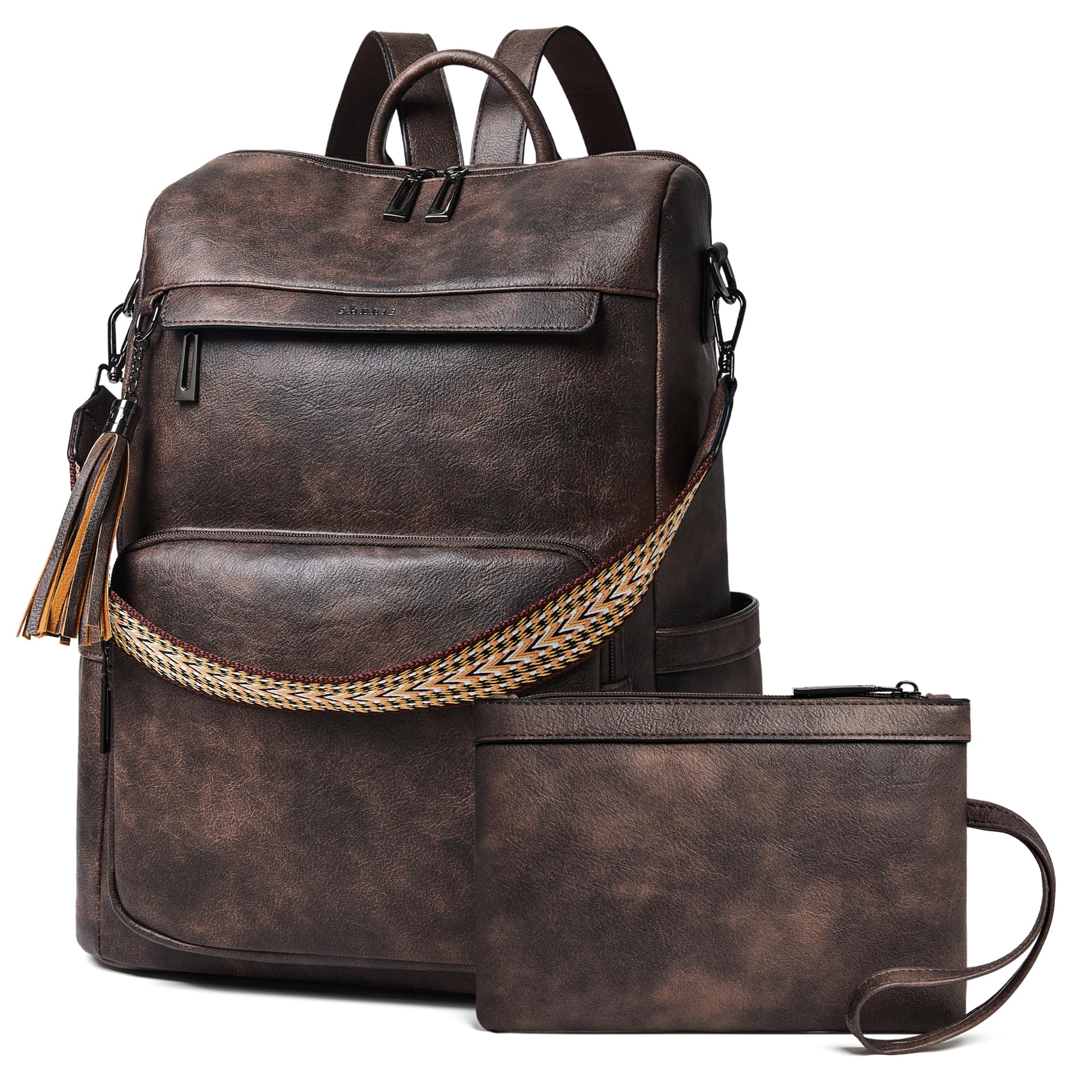 Leather Laptop Backpack Purse for Women 15.6 Inch with 9 Pockets