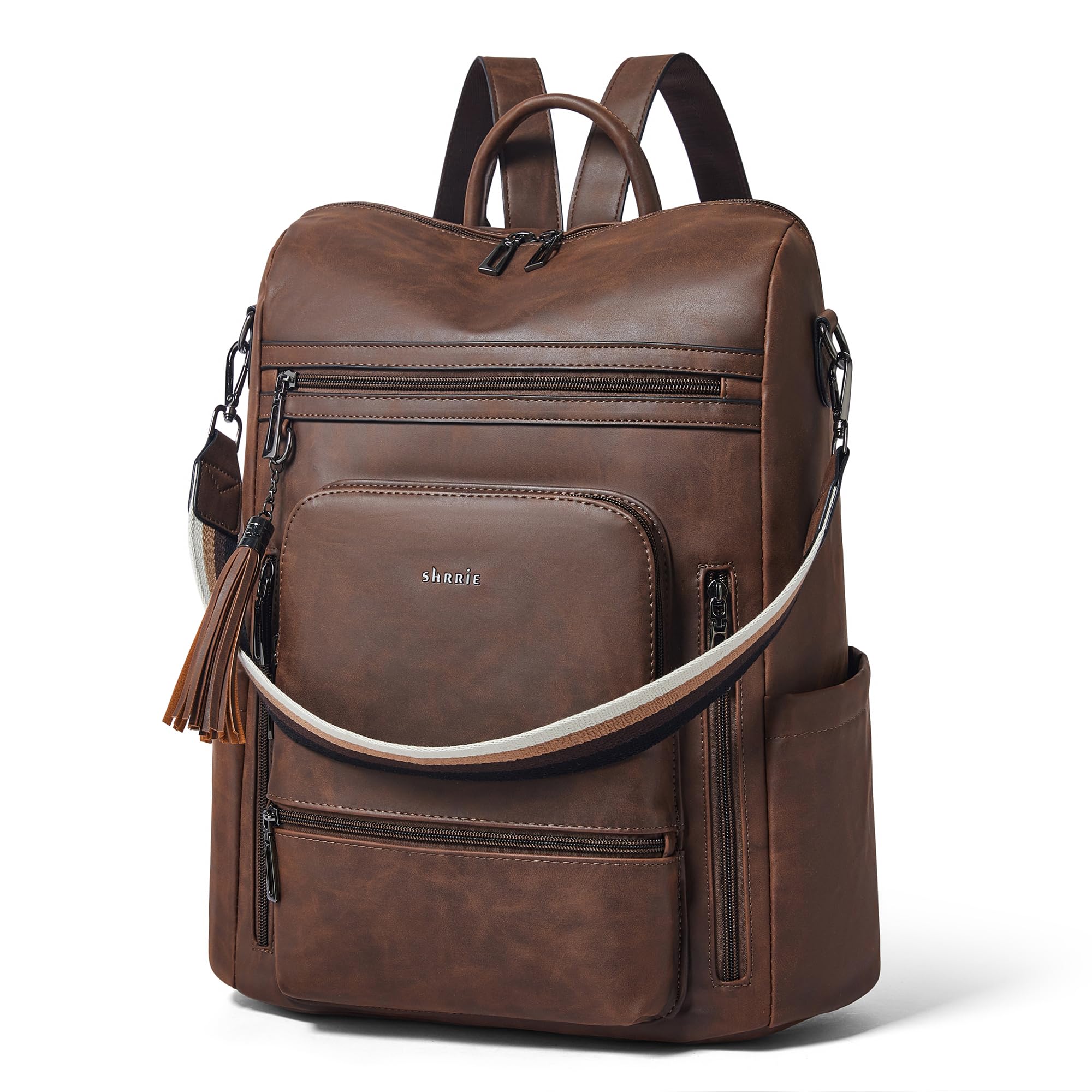 Leather Laptop Backpack Purse for Women 15.6 Inch with 9 Pockets