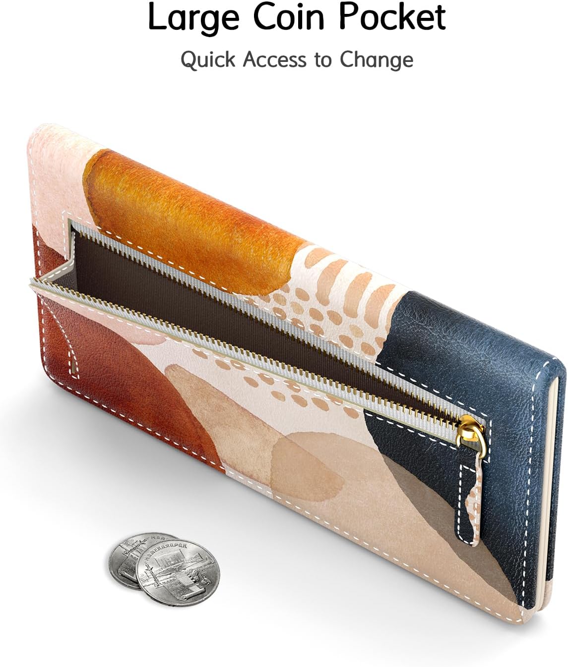 Women's bifold wallet with large back zippered coin pocket, Simple Abstract Art design