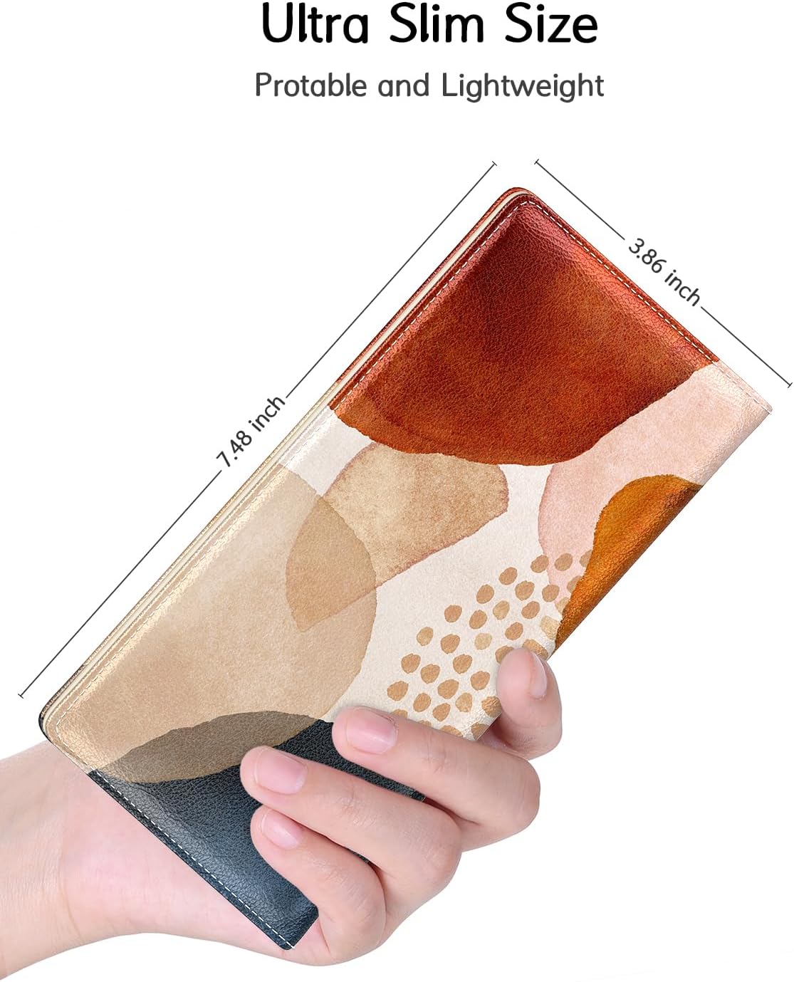 Women's slim wallet in Simple Abstract Art design held in hand, 7.48 by 3.86 inches