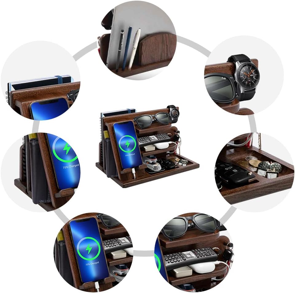 Gifts for Men Christmas, Wood Phone Docking Station, Mens Gifts for Birthday or Gifts for Dad Fathers Day, Desk Workspace Organizer Nightstand Organizer Key for Wallet & Watch Holder Husband Christmas