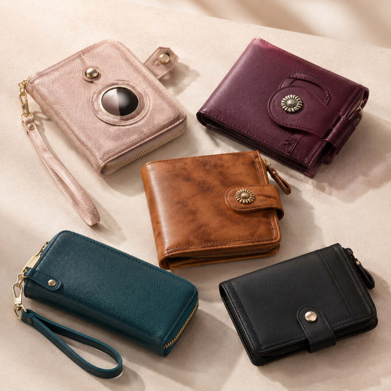 Women’s wallets in pink, burgundy, brown, teal, and black