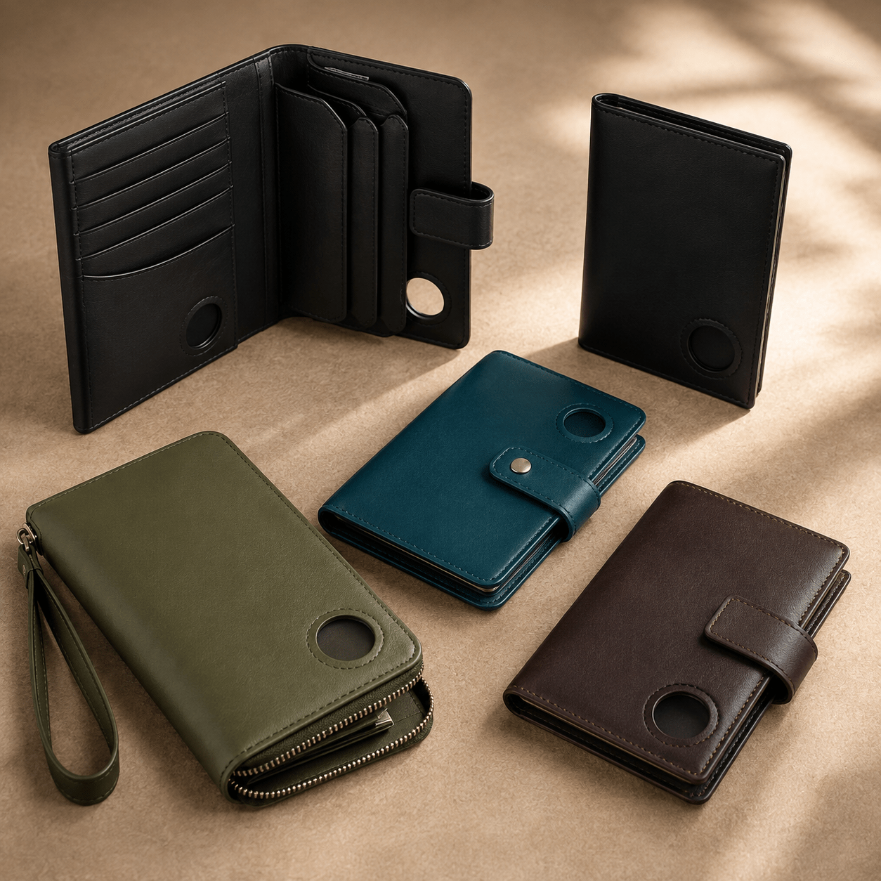 AirTag passport wallets and RFID travel organizers in leather.