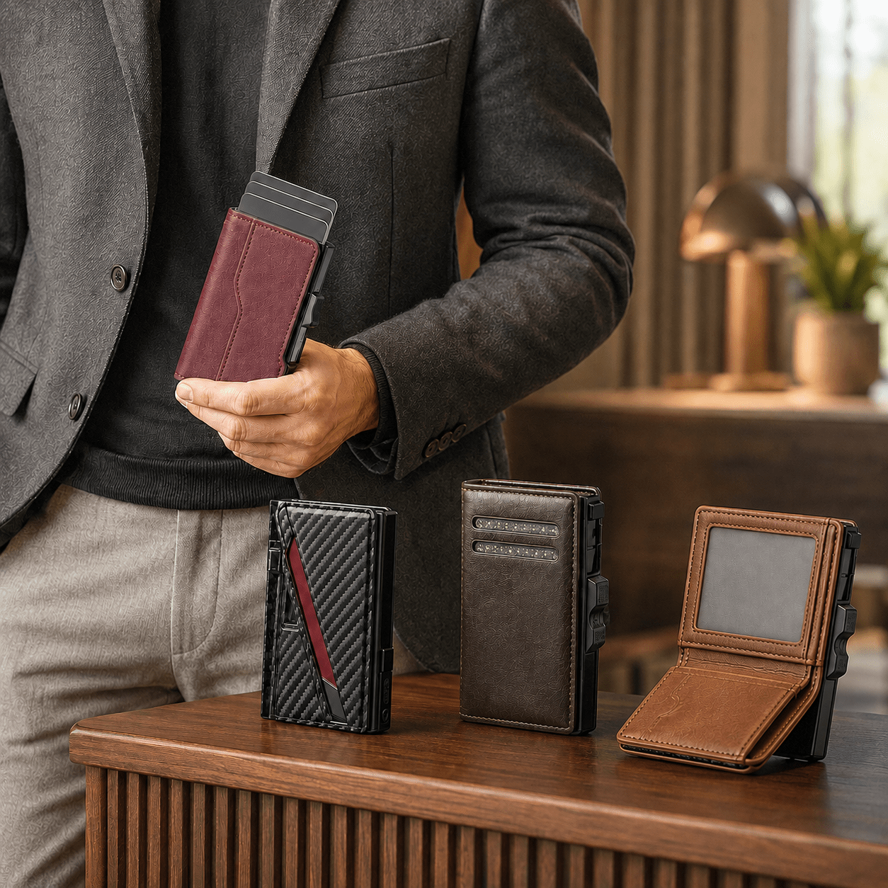 Man holding a smart pop-up wallet with RFID and carbon fiber wallets.