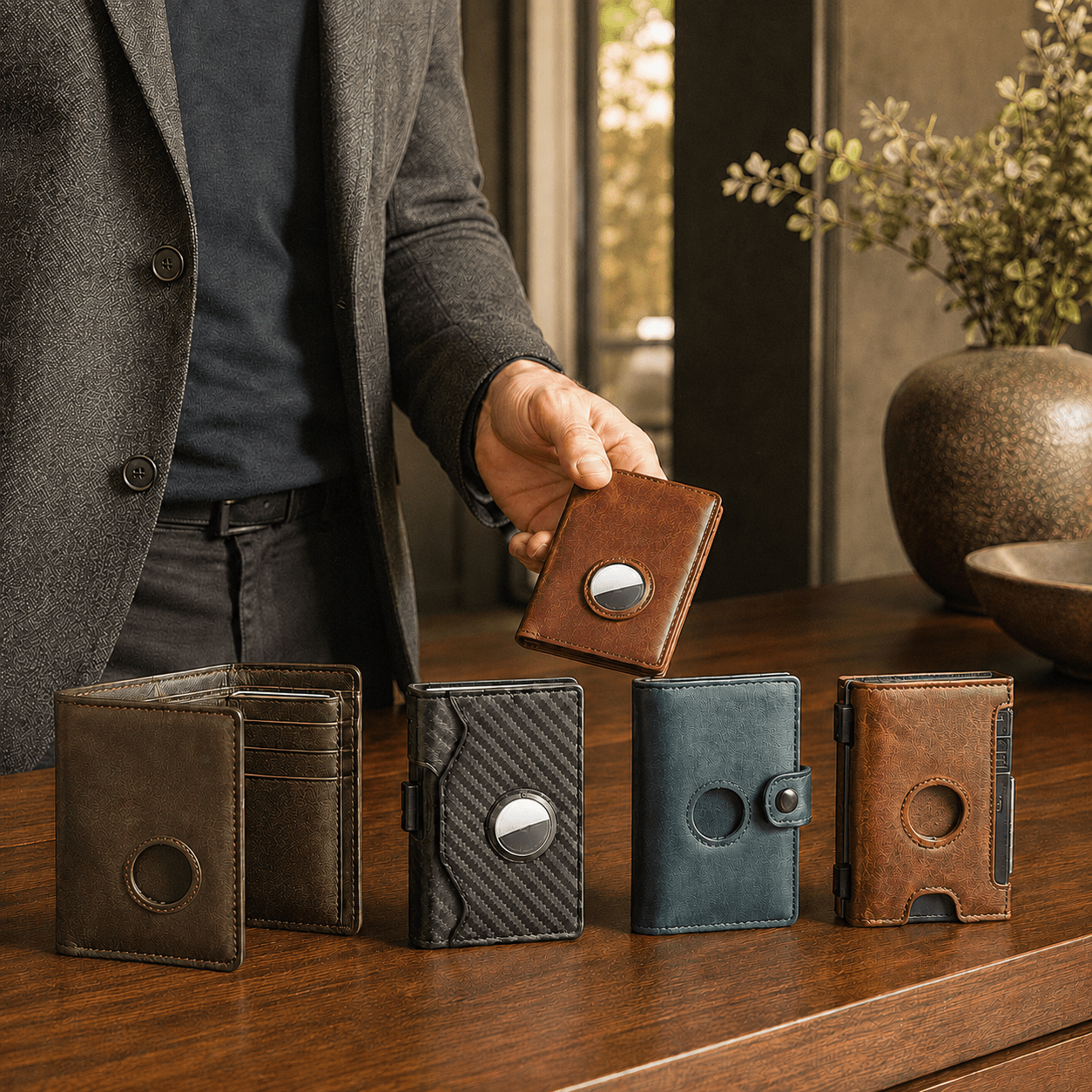 Man holding an AirTag wallet with leather and carbon fiber tracking wallets.