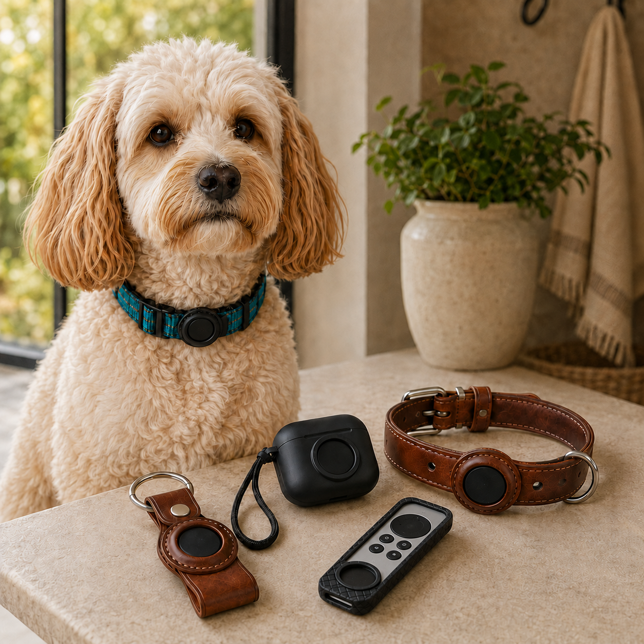Dog wearing an AirTag collar with keychain and everyday AirTag accessories.