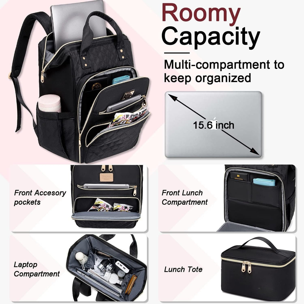 15.6 Inch Laptop Backpack for Women with Detachable Lunch Bag – Work & Travel