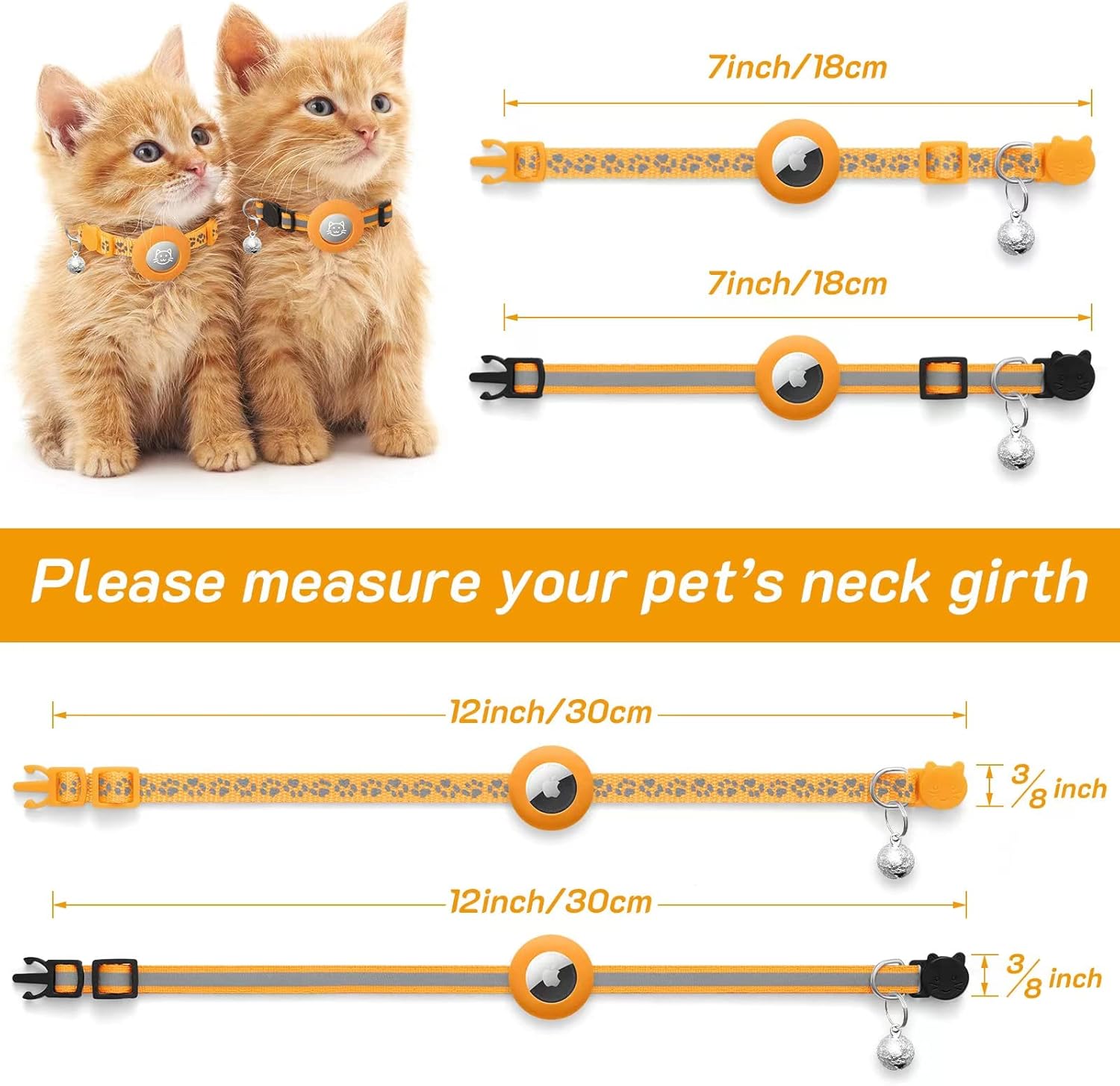 2 - Pack AirTag Cat Collars – Reflective Breakaway Collars with Bell & Apple AirTag Holder, Adjustable 7–12 Inch for Kittens & Cats - Abbycart