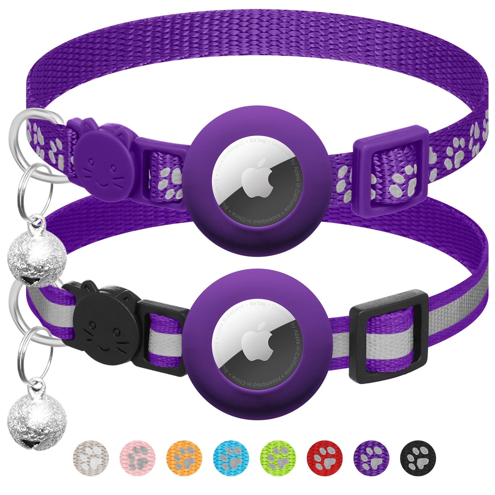 2 - Pack AirTag Cat Collars – Reflective Breakaway Collars with Bell & Apple AirTag Holder, Adjustable 7–12 Inch for Kittens & Cats - Abbycart