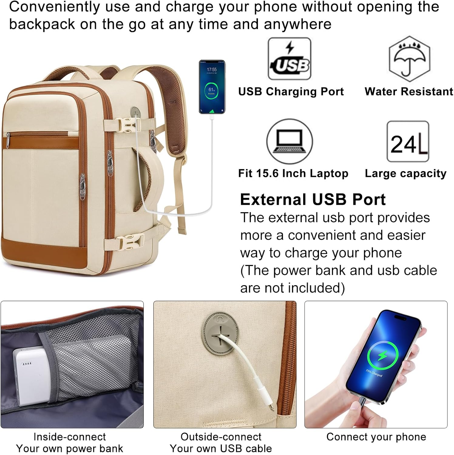Travel Backpack for Women Airline Approved Carry On Backpack with Shoe Pouch,TSA 15.6inch Laptop Mochila Flight Approved Personal Item Bag for Weekender Overnight Bags Bookbag Travel Essentials,Beige