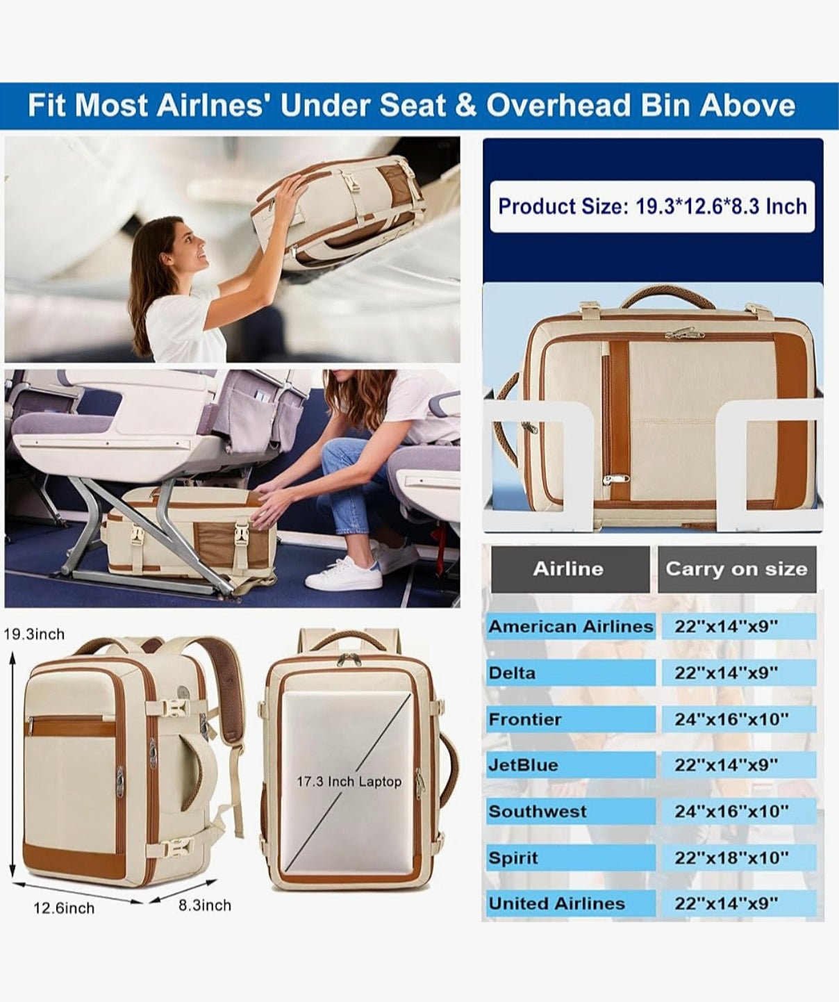 33L Women's Airline Approved Travel Backpack TSA Carry On Laptop Bag