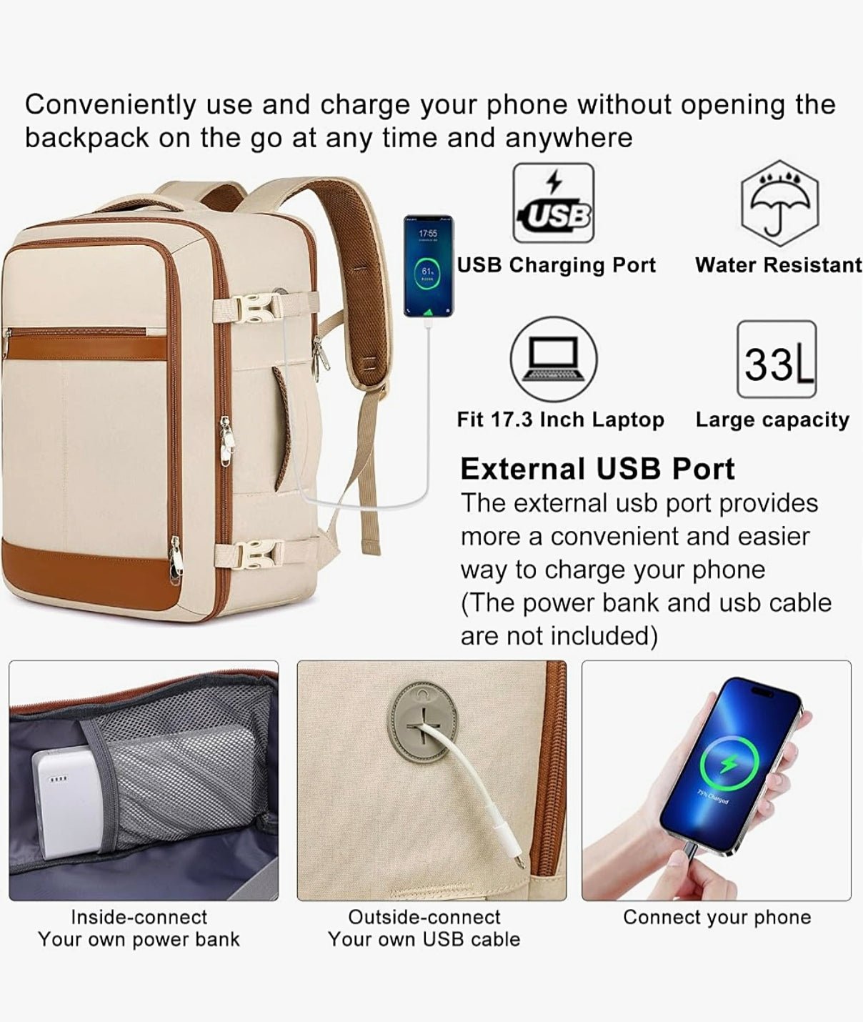 33L Women's Airline Approved Travel Backpack TSA Carry On Laptop Bag