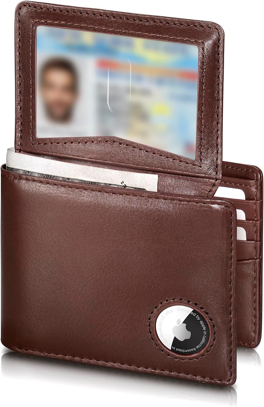 Airtag Wallet - Top Grain Leather Bifold Mens Wallet with Airtag Holder, RFID Blocking Wallet for Men with 2 ID Window 12 Card Holders and Gift Box - Dark Brown