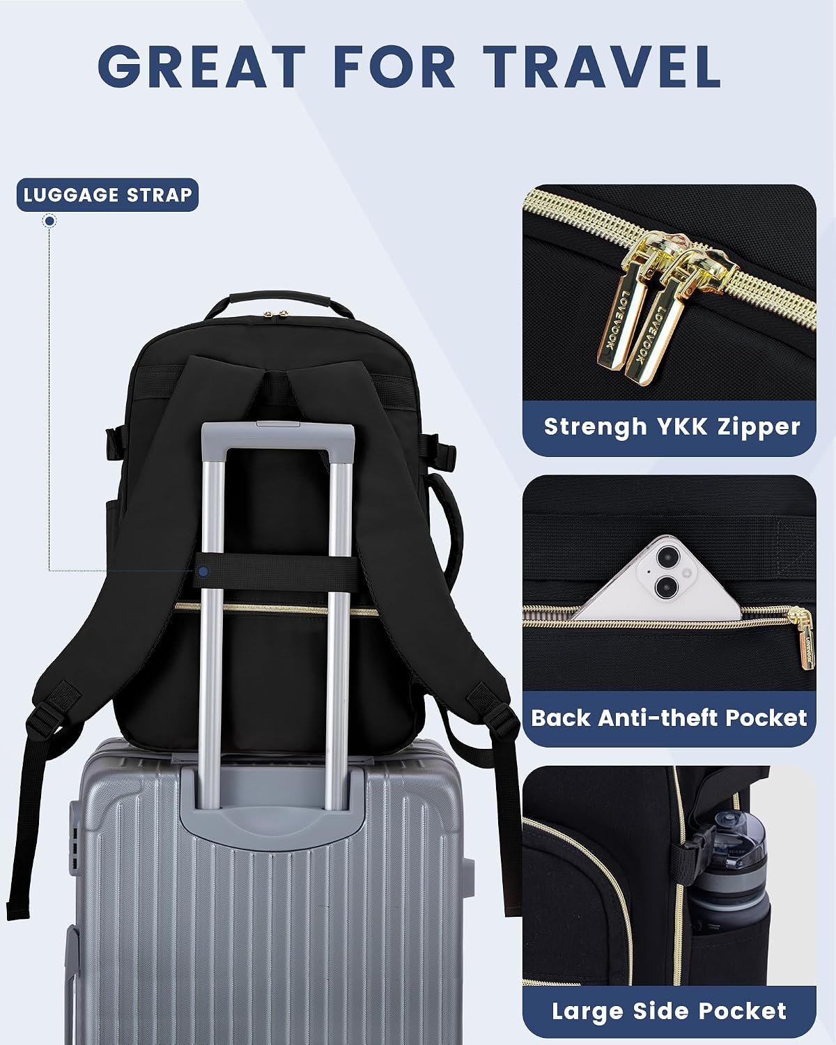 LOVEVOOK 40L Travel Backpack Flight Approved Carry on Backpack,3 Packing Cubes,Waterproof Personal Item Travel Bag,TSA Carry on Luggage Suitcase Travel Essentials,Gifts for Women & Men,fits 17" Laptop
