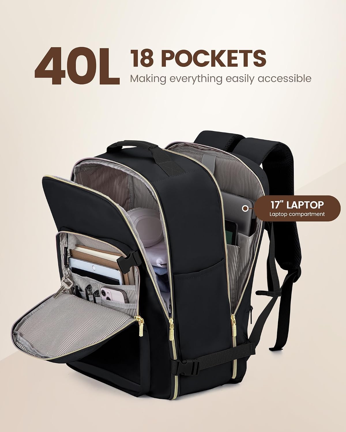 LOVEVOOK 40L Travel Backpack Flight Approved Carry on Backpack,3 Packing Cubes,Waterproof Personal Item Travel Bag,TSA Carry on Luggage Suitcase Travel Essentials,Gifts for Women & Men,fits 17" Laptop