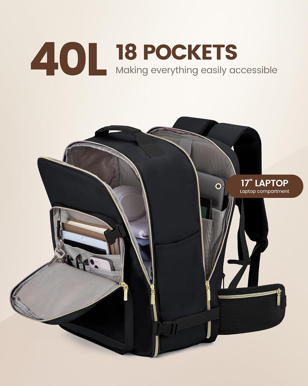LOVEVOOK 40L Travel Backpack with Waist Strap,Flight Approved Carry on Backpack,Waterproof Personal Item Travel Bag,TSA Carry on Luggage Suitcase Travel Essentials,Gifts for Women & Men,fit 17" Laptop