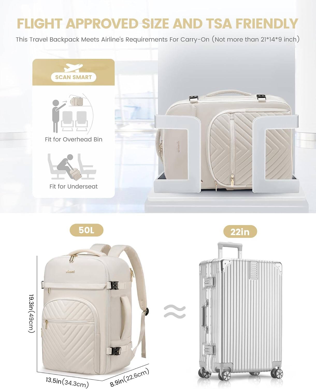 Large Travel Backpack for Women, 50L Carry on Backpack for Airplanes, TSA Personal Item Travel Bag for Women fits 18" Laptop, Waterproof Carry on Bags with 4 Packing Cubes