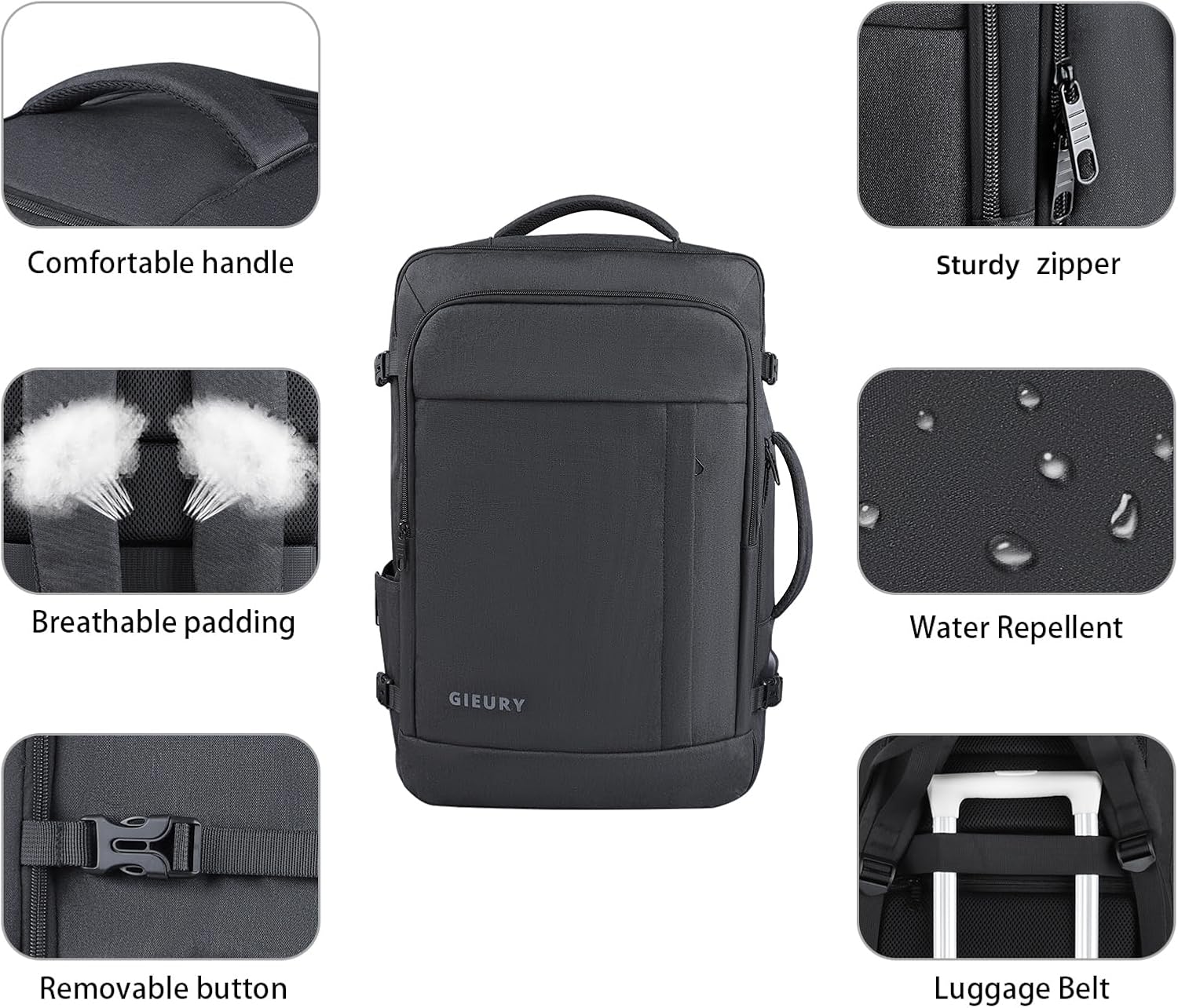 Gieury Carry On Backpack, 50L Travel Backpack, Luggage Backpack TSA Flight Approved Laptop Backpack for Men & Women, Large Expandable 40L Daypack Lightweight Business Weekender Bag, Black