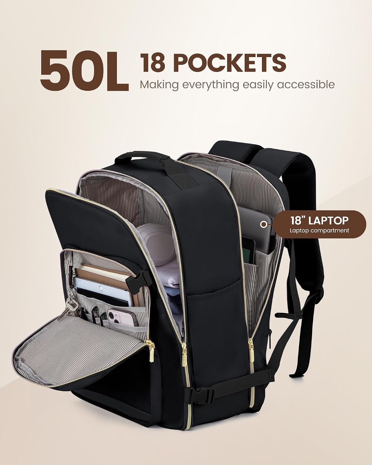 LOVEVOOK Travel Backpack for Women & Men 50L,Airline Approved Carry On Backpack Travel Essentials,TSA Carry on Luggage,Waterproof Personal Item Travel Bag,Suitcase with 3 Packing Cubes,Black-Black