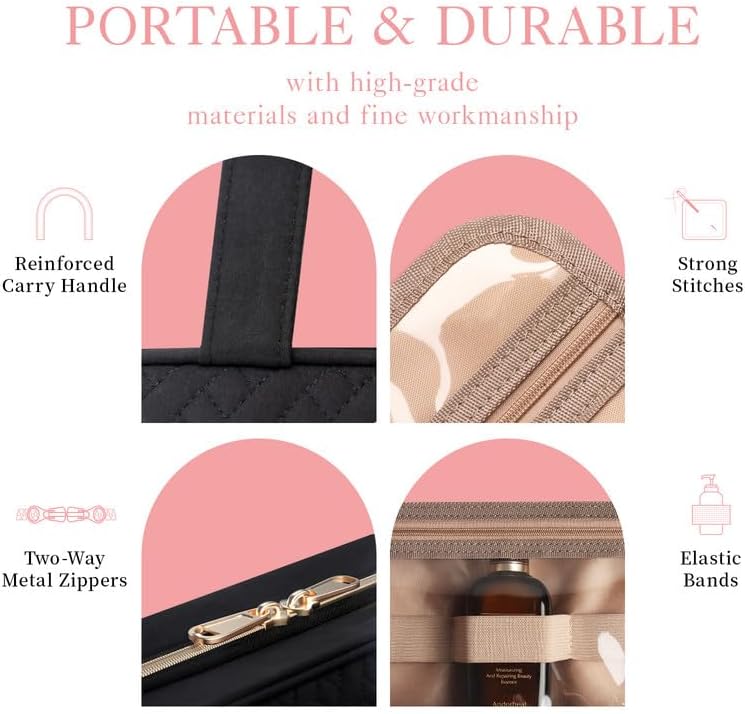 Close-ups of the reinforced carry handle, strong stitches, two-way metal zippers and elastic bands on the toiletry bag